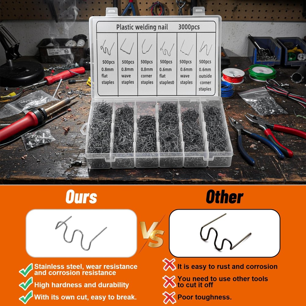 3000 pcs Plastic Welding Staples, 6 Types Extra Large Wave Repair Welding Sta...
