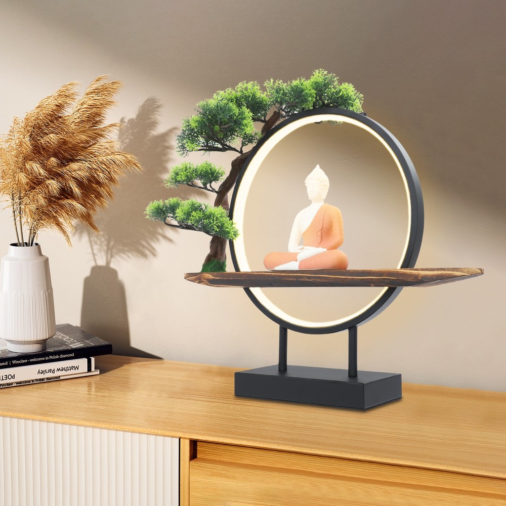 Desktop Decorative Buddha Statue Ornament Home Decor with Green Artificial Tree
