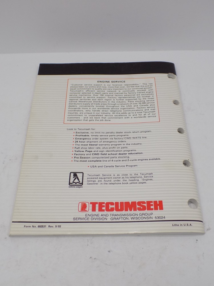 1993 TECUMSEH SERVICE ENGINES SPEC BOOK MANUAL 110 PAGES