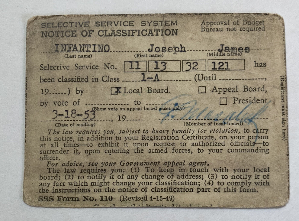 Vintage 1953 Military Draft Selective Service System Notice of Classification