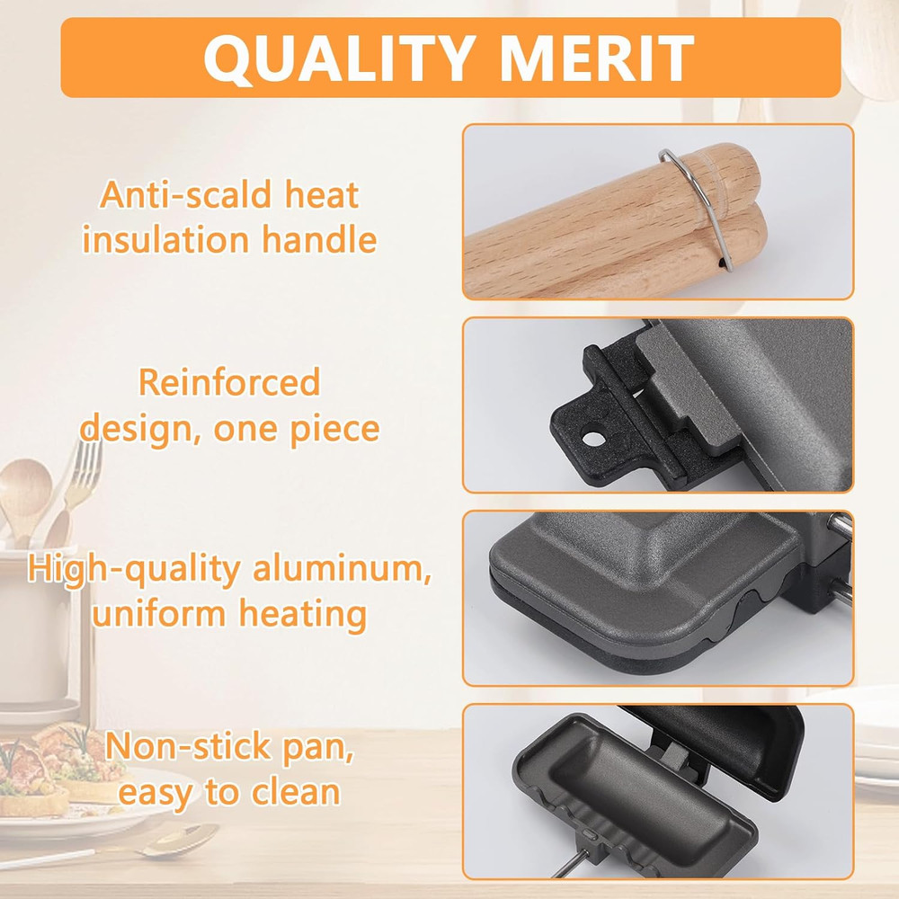Hot Sandwich Maker, 4w1h Sandwich Maker Double Sided Pie Iron Non-Stick Cast ...