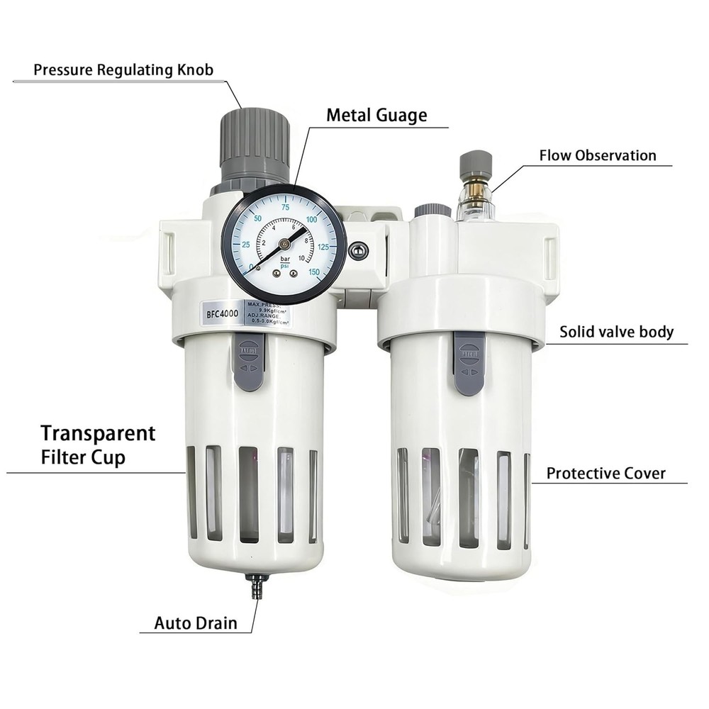 1/2" NPT Compressed Air Filter Regulator Lubricator Combo-Double,Semi-Auto Drain