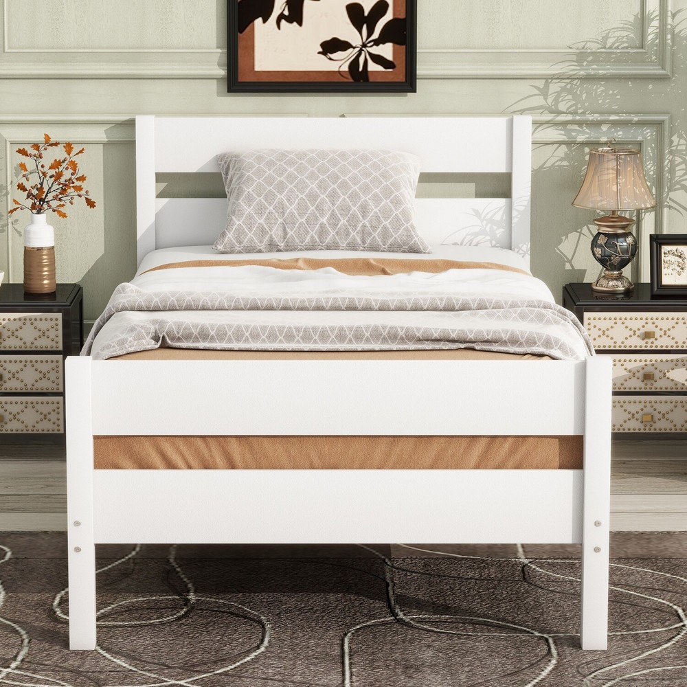 Twin Size Bed Frame Wooden Platform Bed Frame w/ Headboard White/Espresso