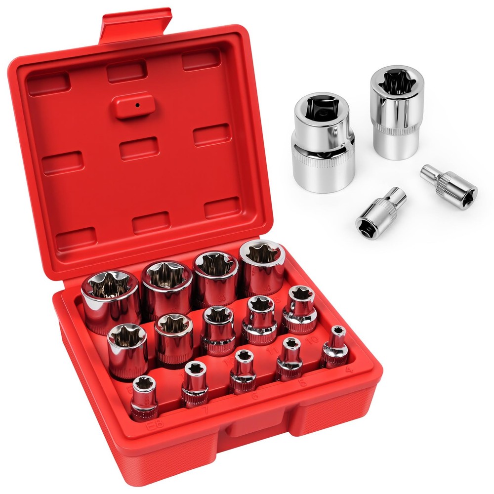 14-Piece E-Torx Star Socket Set, 1/4" 3/8" 1/2" Drive, E4 to E24 External Tor...