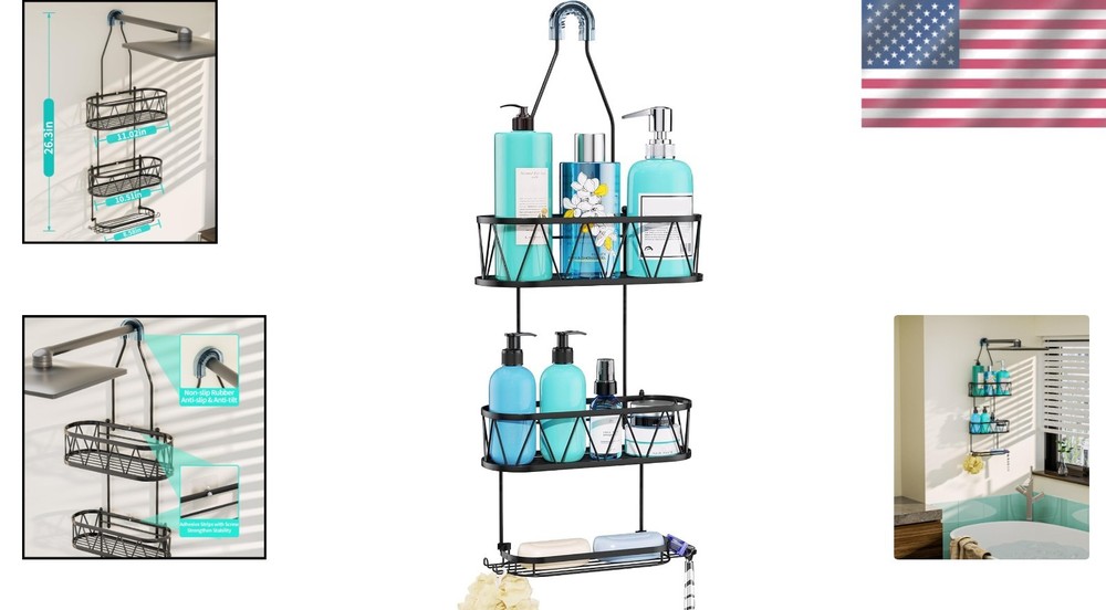 Compact Hanging Shower Shelf with Mildew Resistance & Soap Holder - Black Finish