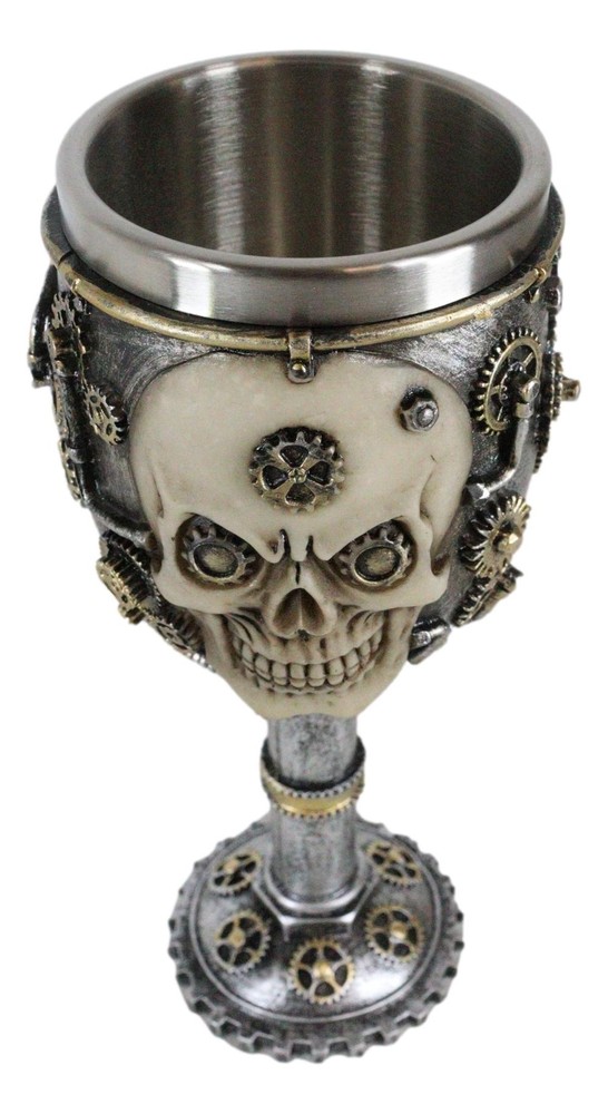 Ebros Gift Silver Steampunk Mechanical Gearwork Skull Face Wine Goblet 7.5"H