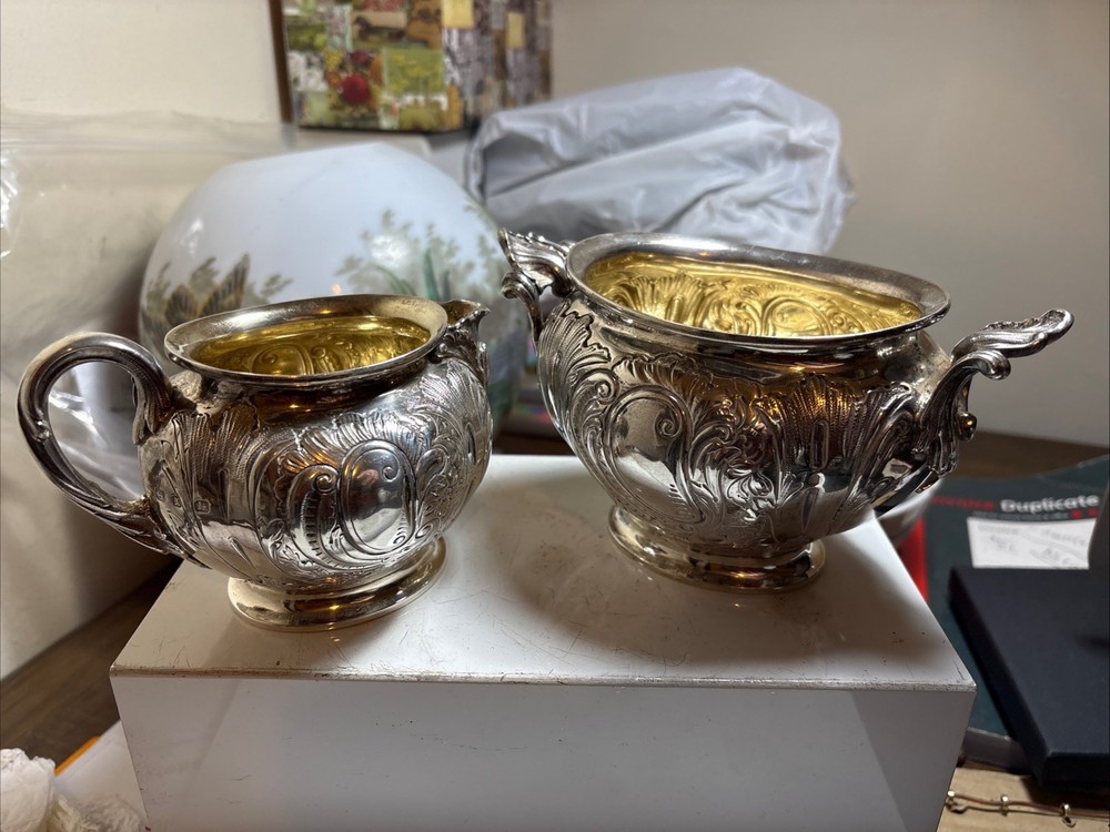 Antique Victorian Solid silver embossed Cream Jug&Sugar Elkington&co 1897.
