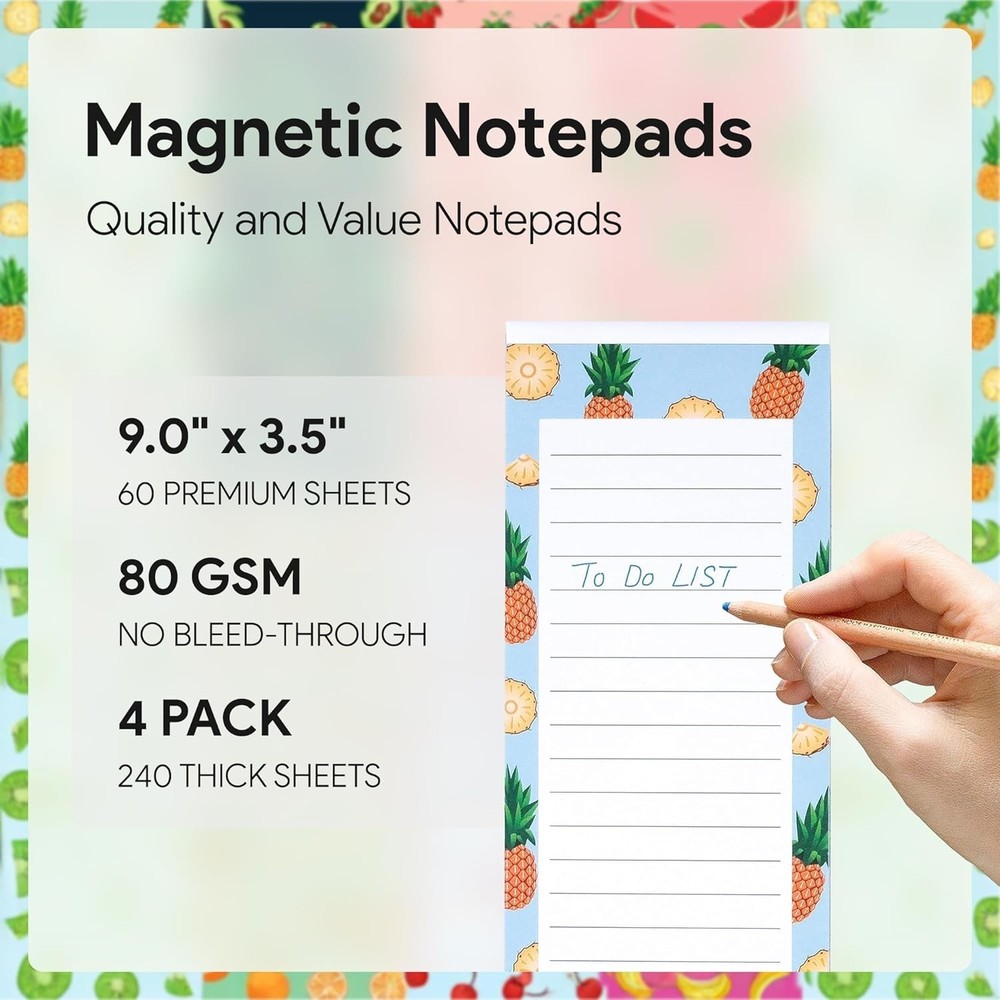 Stylish Magnetic Notepads - Durable 4-Pack with Fruit Theme for Easy Note Taking