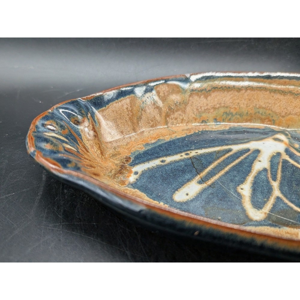 Studio Pottery Abstract Dragonfly Oval Serving Platter Brown Stoneware Chip 9.5"