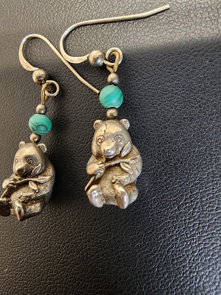Vintage Sterling Silver Malachite Panda Bear Earrings