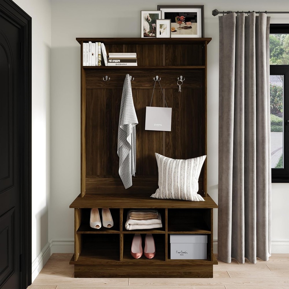 Entryway Hall Tree W/ Bench & 6 Storage Cubbies White