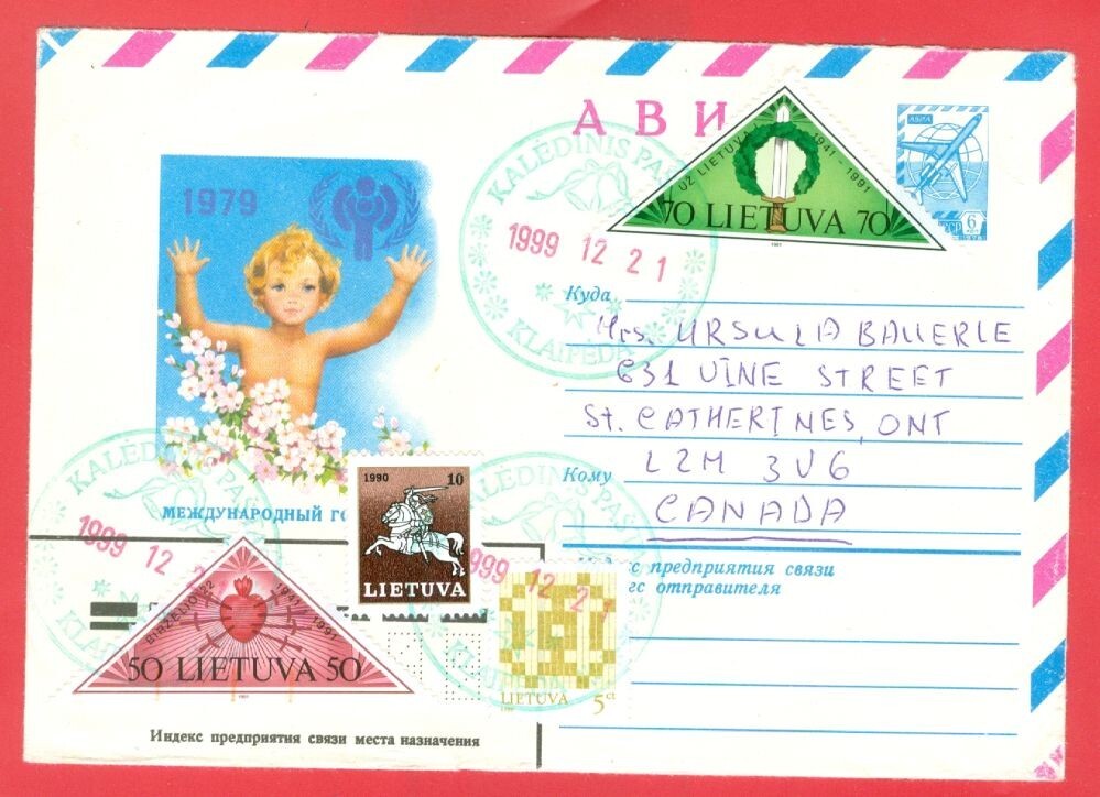 Russia IYC Cover + Latvia 2 diff Triangle Mixed use from KLAIPEDA to Canada 1999