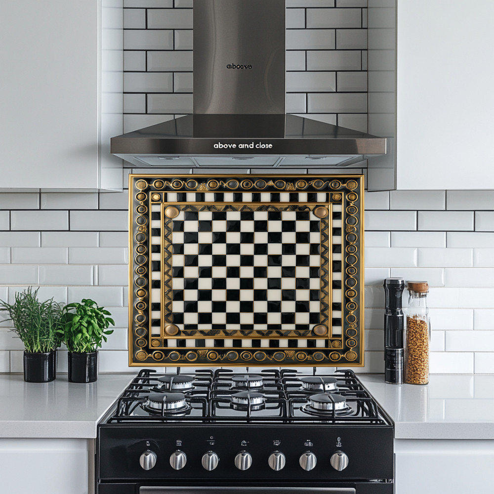 Ottoman Pattern on Marble Print Background Glass Backsplash for Kitchen Stove