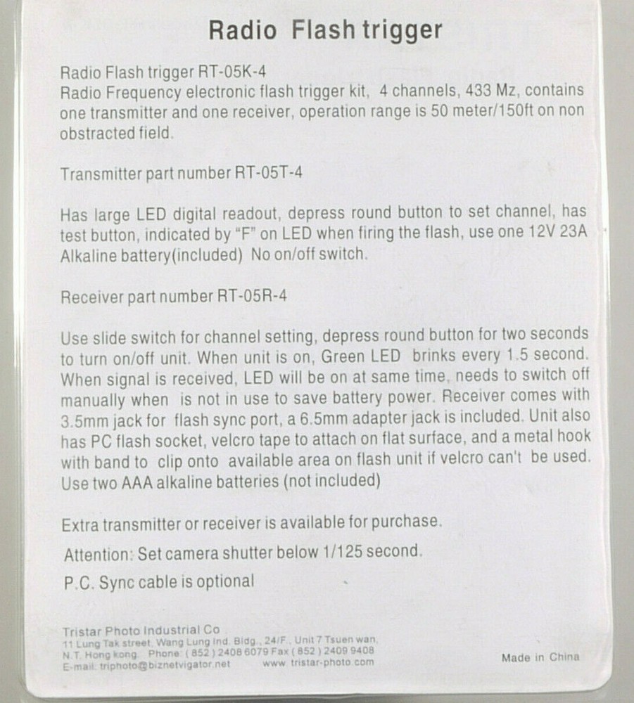 PRL) TRISTAR RADIO FLASH TRIGGER RT05K4 TRANSMITTER RT05T4 WIRELESS RECEIVER