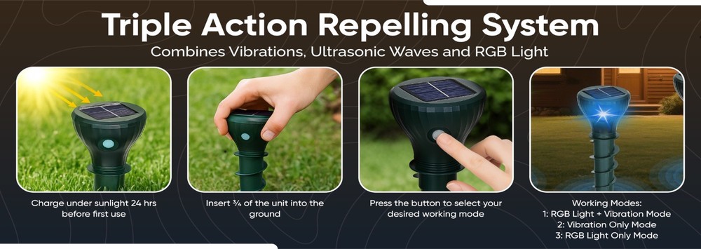 Mole Repellent Solar Powered 4 Pack, Snake & Vole Repeller Outdoor, Gopher Repel