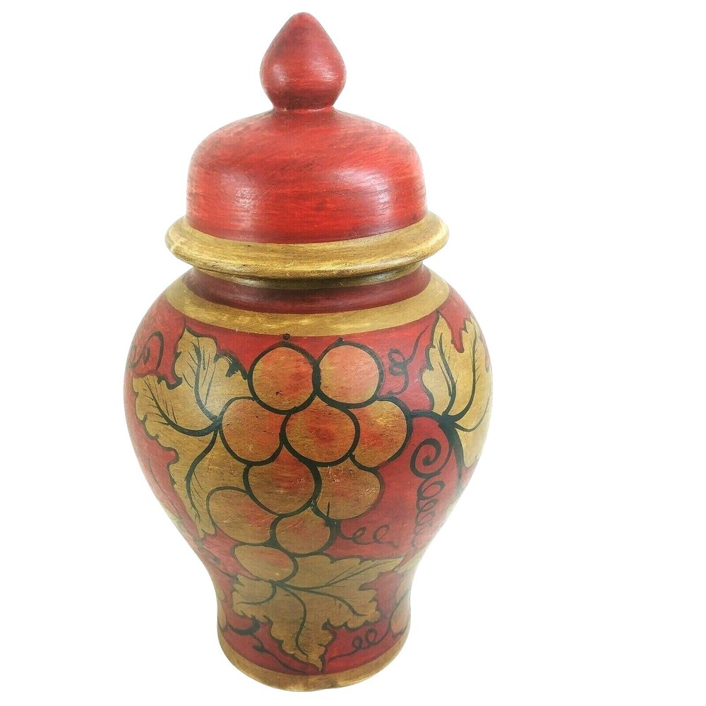 Storage Urn Canister Ginger Jar Lid Hand Painted Grapevine Design