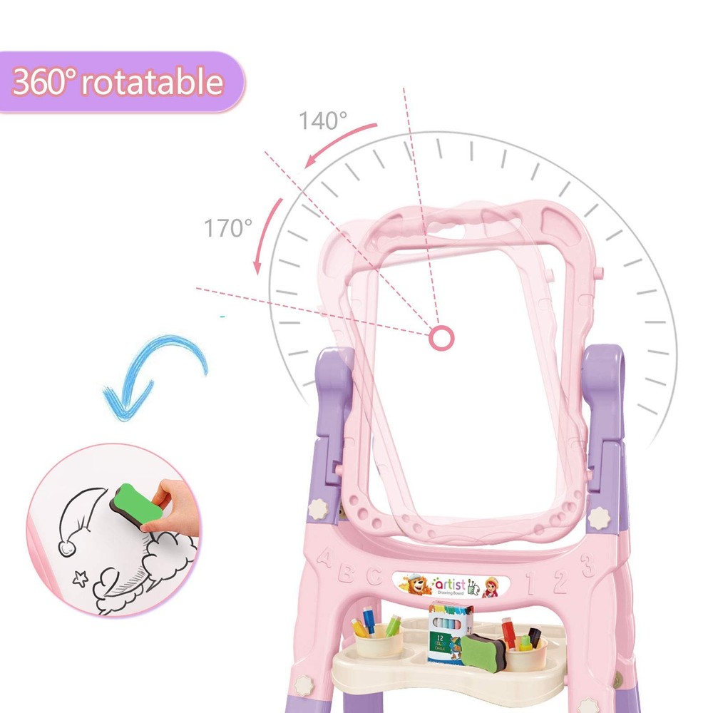 Mojitodon Art Easel for Kids, Adjustable Standing Rotatable Double Sided Pink