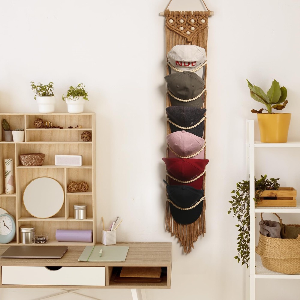 Cap Hanger-1 Pack-Boho Macrame Cap Holder Wall Hat Organizer for Baseball Cap...