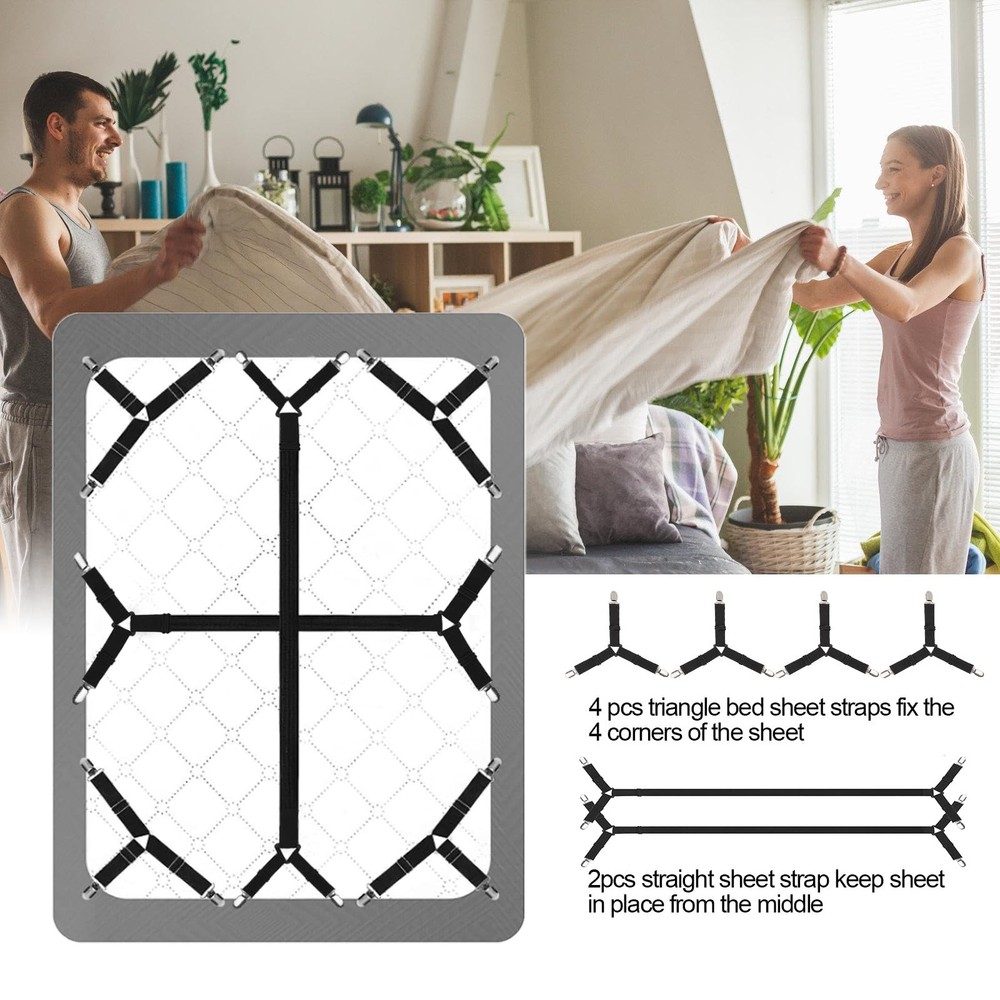 6 PCS Black Adjustable Bed Sheet Straps, Elastic Corner Clips, Fitted Fasteners