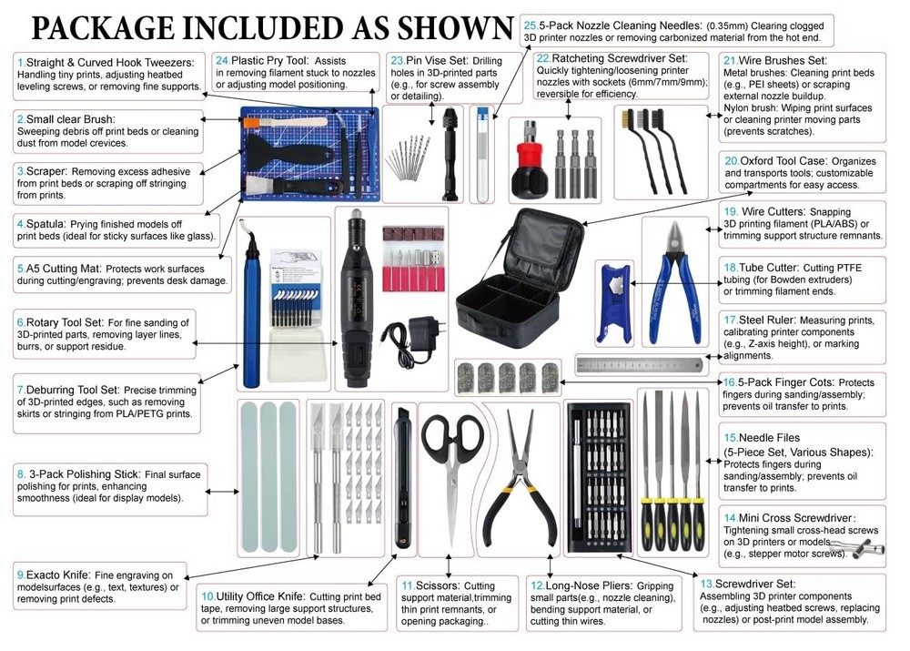 Pro 3D Printer Tools 124pc Set: Rotary Tool, Nozzle Clean, Deburring, Bag - H...