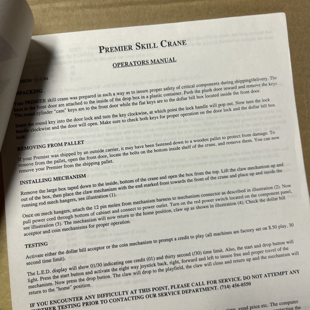 PREMIER SKILL CRANE arcade game owners manual