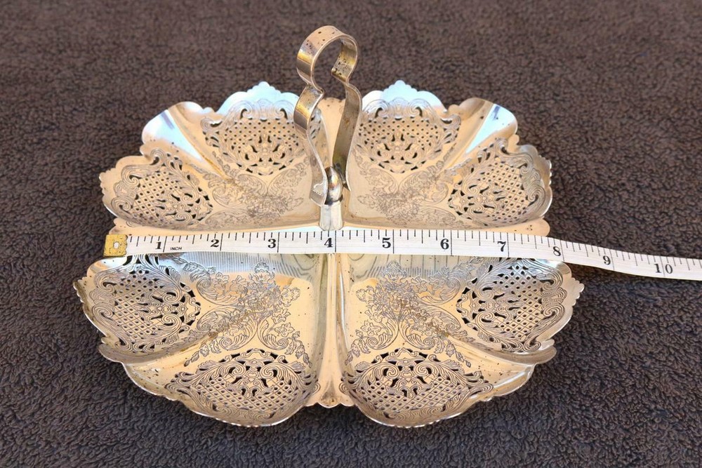 Serving Tray Dish Silver Colored Metal Elegant Cutwork Style Lace Look Handle NC