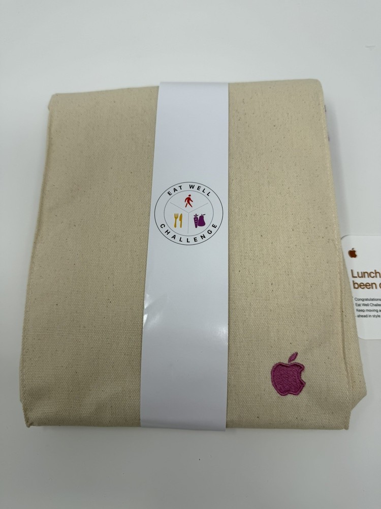 Apple Eat Well Challenge Reusable Beige Canvas Rectangular Lunch Bag
