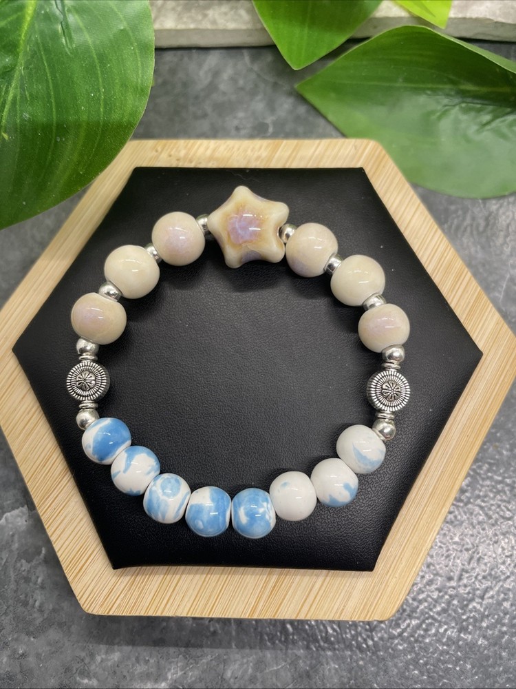 Handmade Ceramic Bead Beaded Stackable 6” Plus Stretch Bracelet New B307