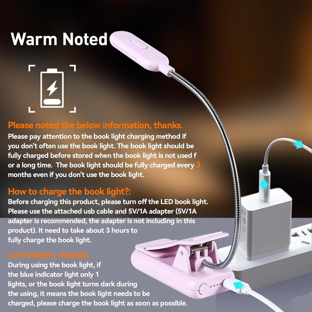 Rechargeable Book Light, Blue Light Blocking, Amber 1600K Clip on Reading Light,