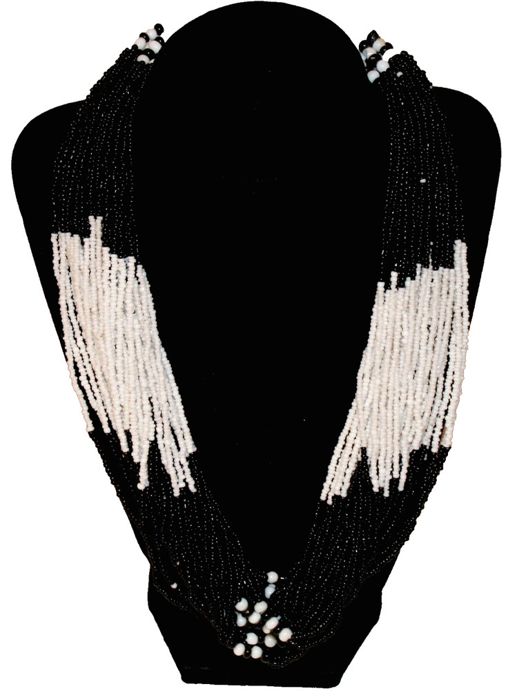 VTG Seed Bead Multi-Strand Necklace Black White Statement Hook Clasp Costume 22"