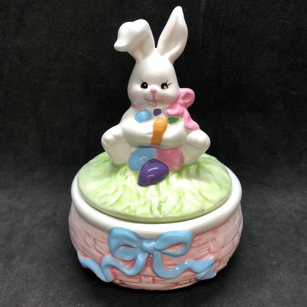 Russ Berrie Easter Bunny Rabbit Trinket Box Ceramic Easter Spring Decor
