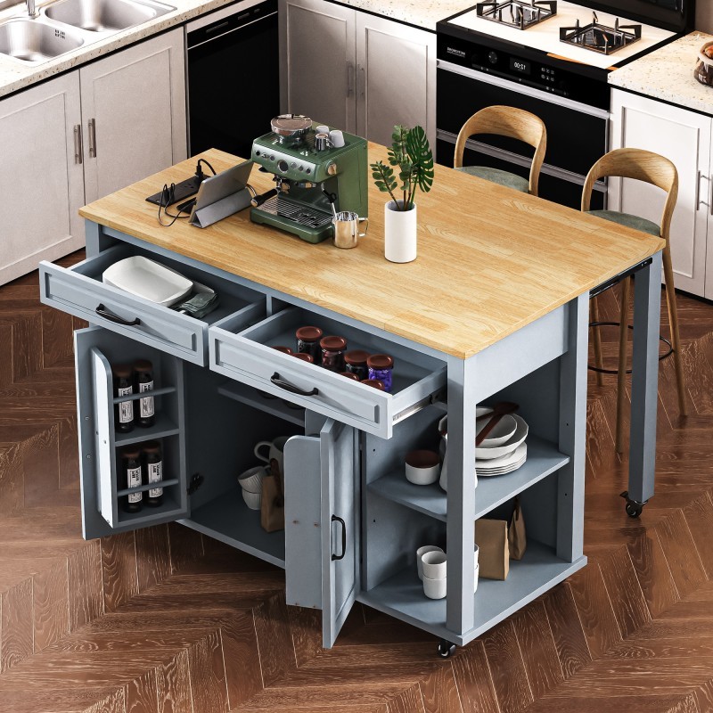 Kitchen Island with Extendable Dining Table, Storage, Power Outlet, Wheels, Grey