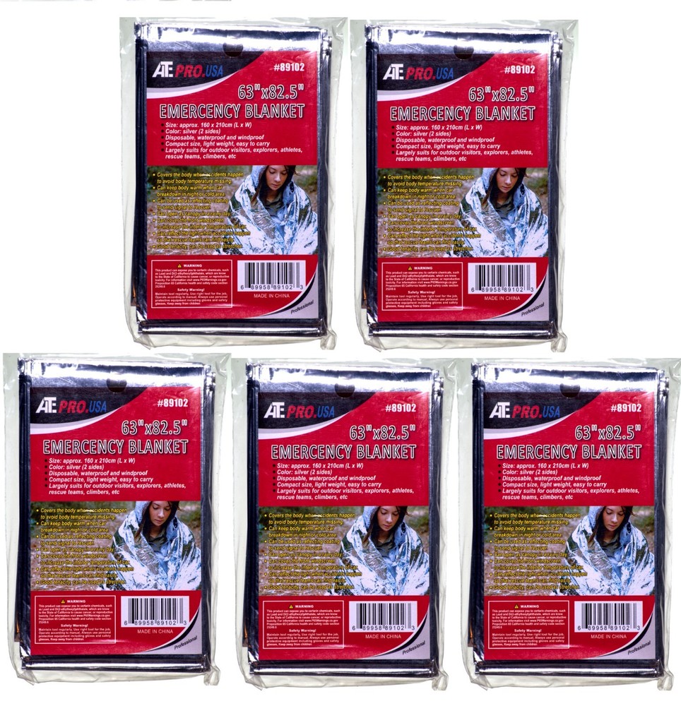 5 Quantity Emergency Thermal Blanket - 63"x82.5" Silver Waterproof Compact