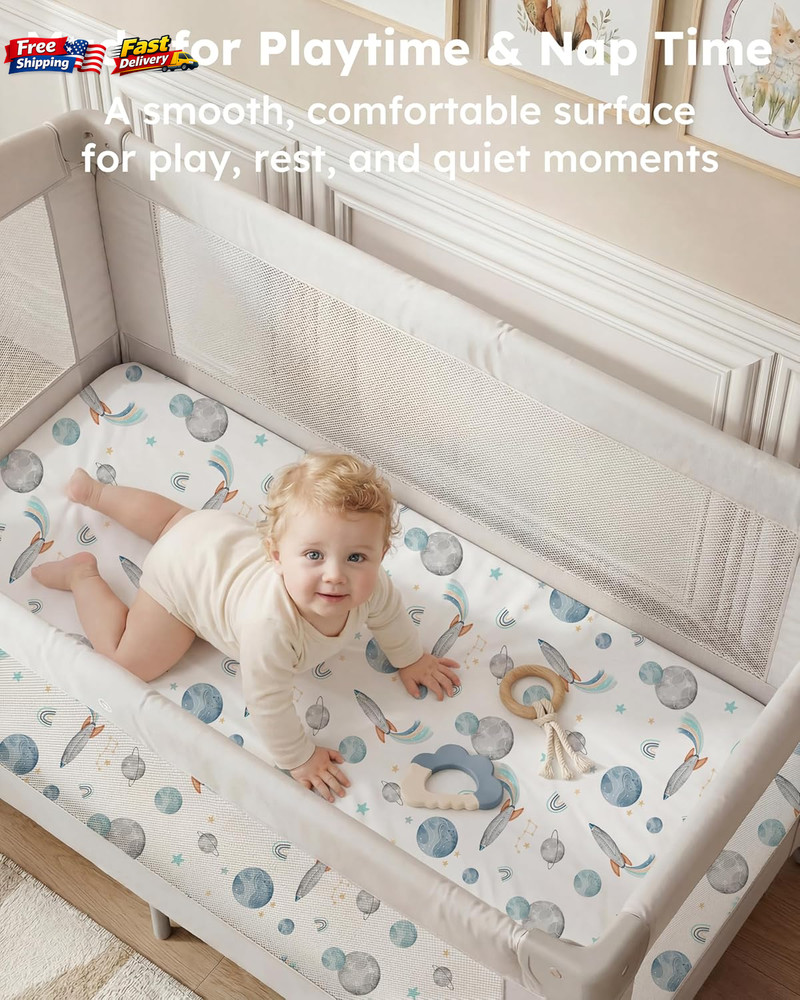 2-Pack Pack and Play Sheets 38x26" Mini Crib Fitted Sheets Blue Rocket Soft 2ct