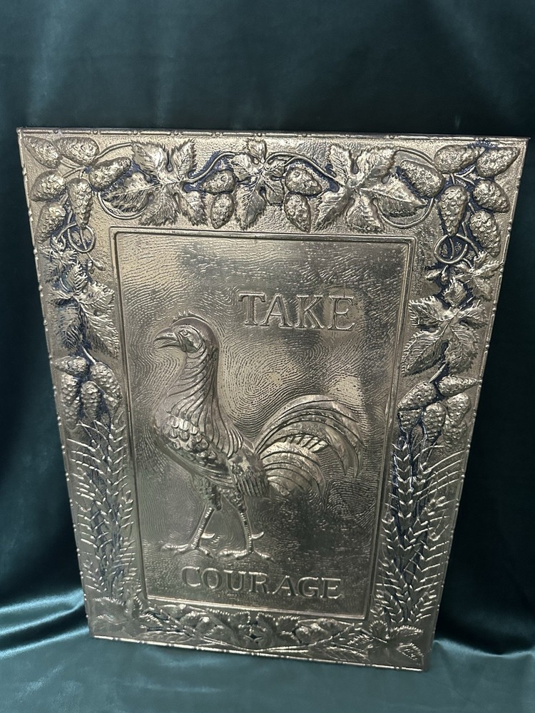 Brass Take Courage Cockerel Vintage Pub Decor Insert Panel Great Condition