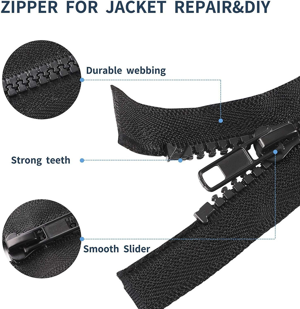 2PCS 16 Inch #5 Black Separating Bottom Molded Zippers Plastic Teeth Bulk Fasten