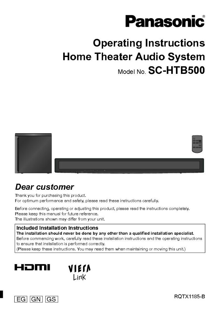 Panasonic SC-HTB500 Home Theater System Owners Instruction Manual