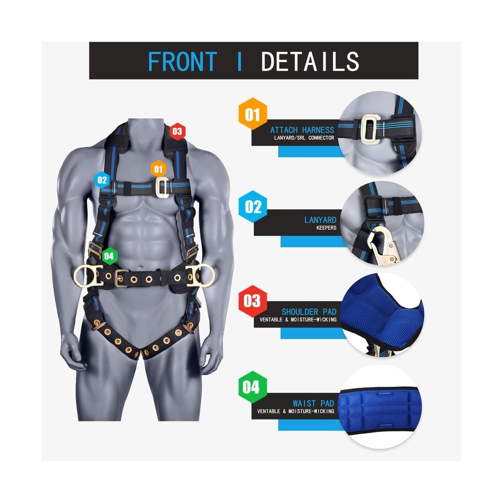 Fall Protection 5pt Full-Body Safety Harness, Vented & Padded Shoulder, Back ...
