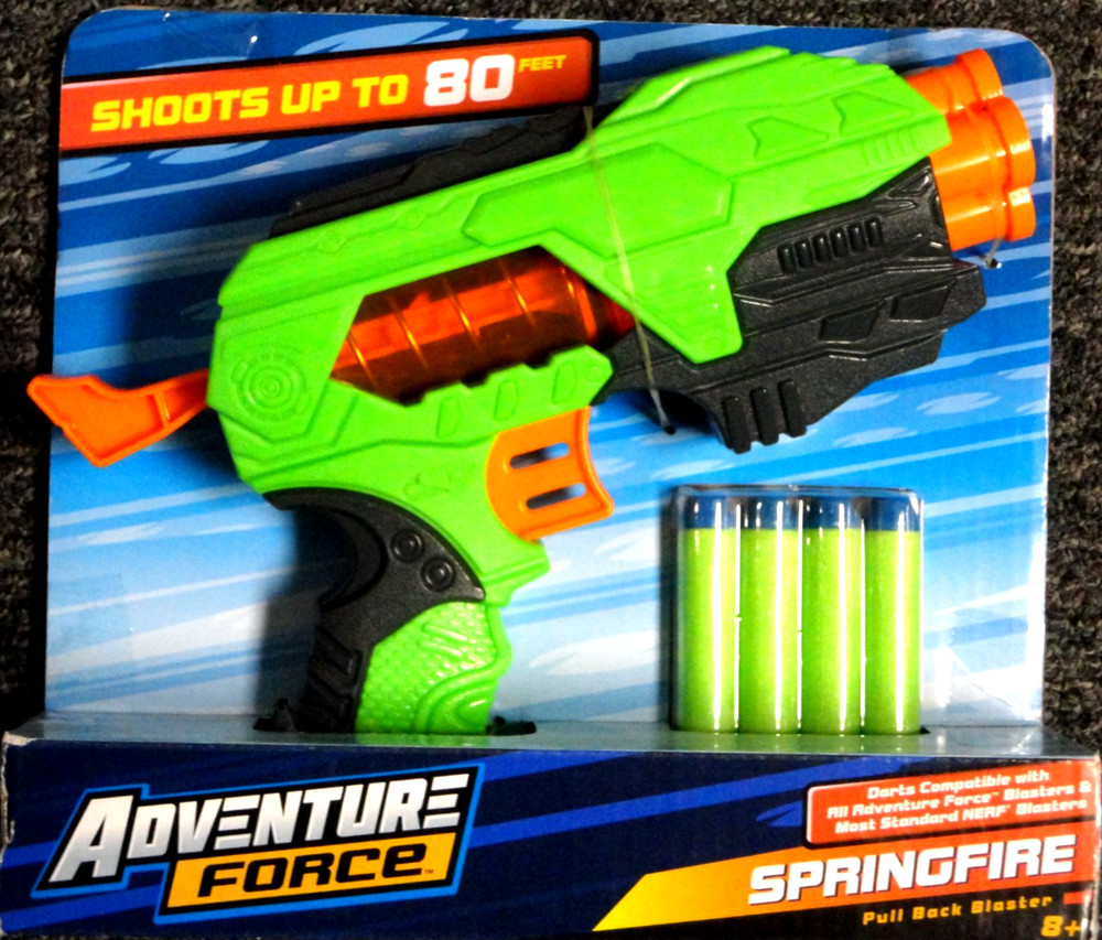 Springfire, Pull Back Blaster, NEW! 4 Foam Darts Shoots 80' , Adventure Forces