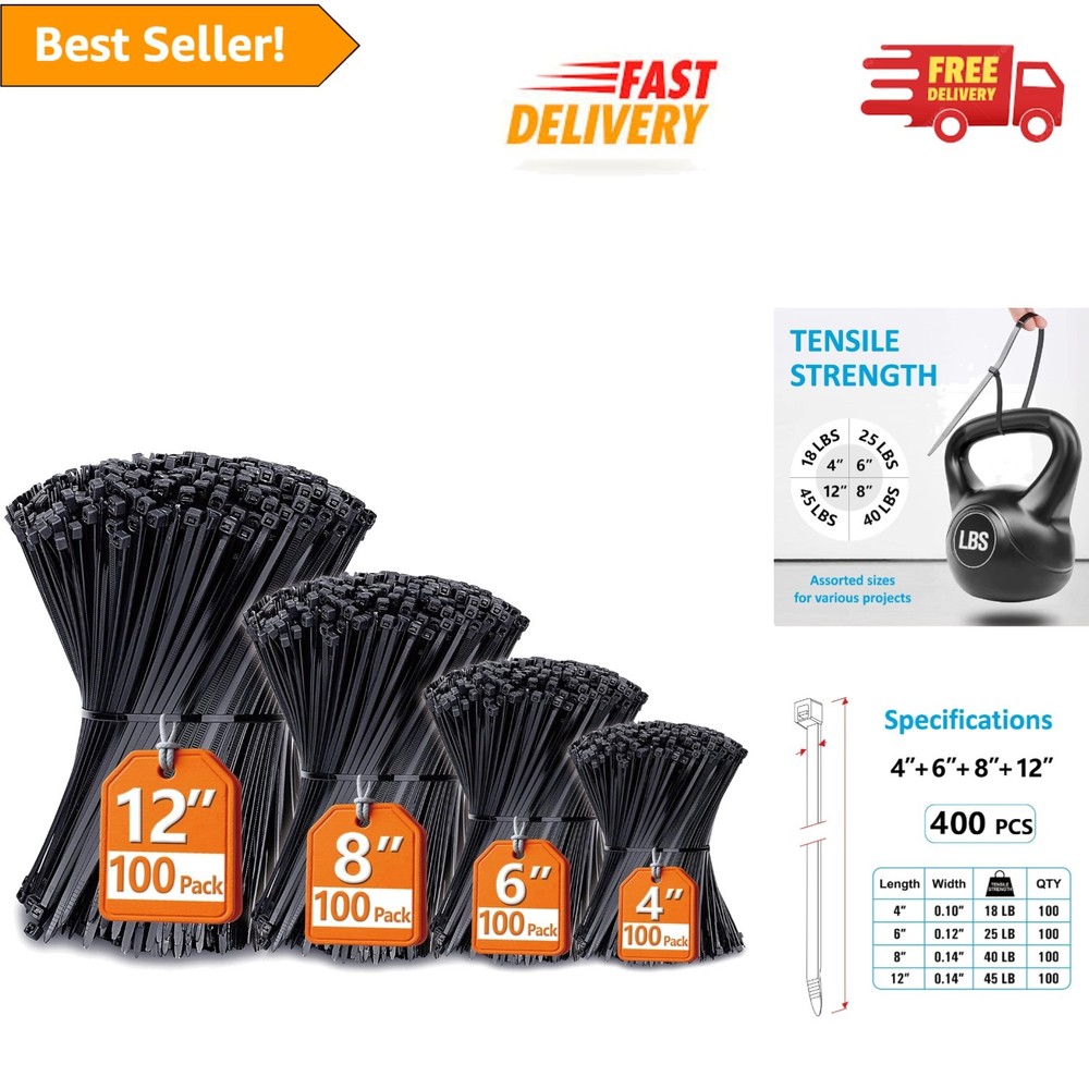 Heavy-Duty Black Zip Ties: 400-Pack, Assorted 4"-12" Sizes, Self-Locking Design