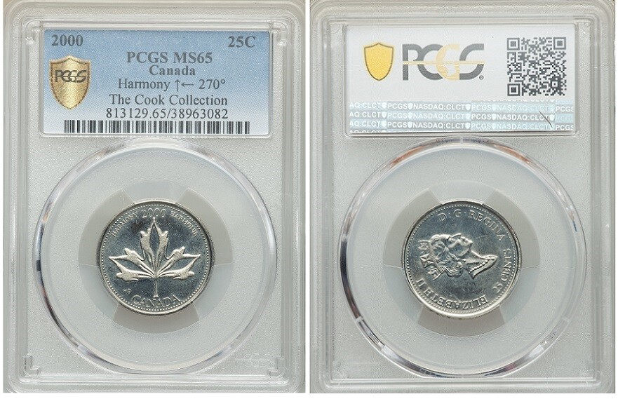 ERROR - 2000 Canada 25 Cents Harmony PCGS MS-65 with a 270 Degree Die Rotation
