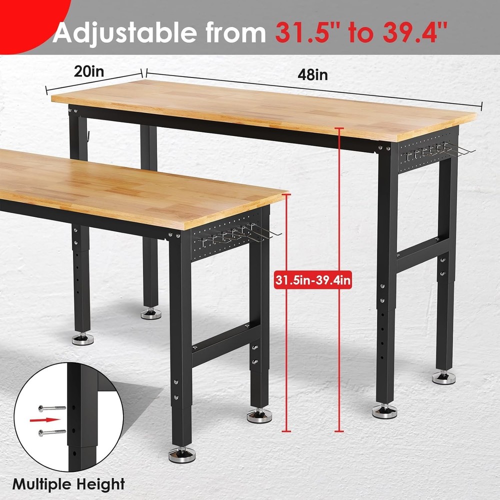 48" Adjustable Work Bench with Power Outlet,Rubber Wood Top Work Table,2000 LBS