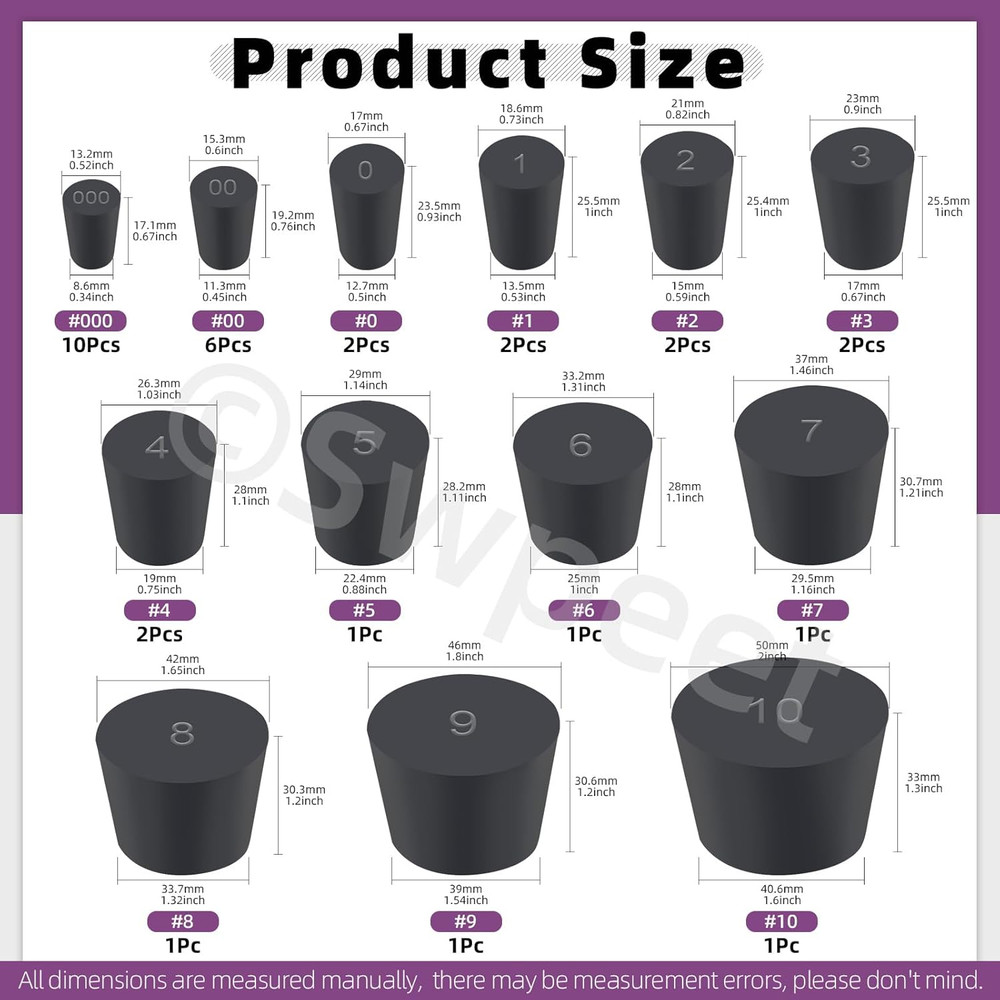 32Pcs 13 Assorted Sizes Black Solid Rubber, Black Tapered Lab Seal Rubber Sto...
