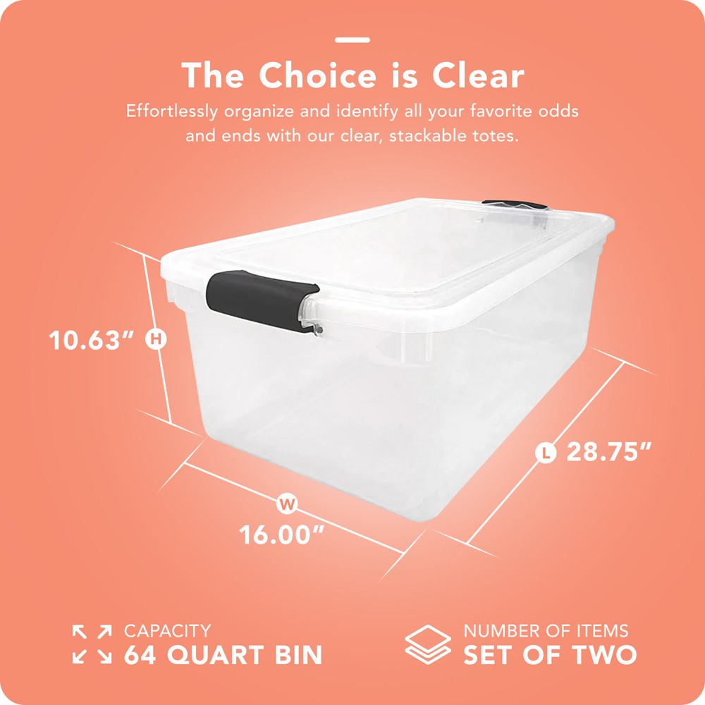 Homz 64Qt Stackable Plastic Storage Bin Container Box w/Latch Lid, Clear(2 Pack)