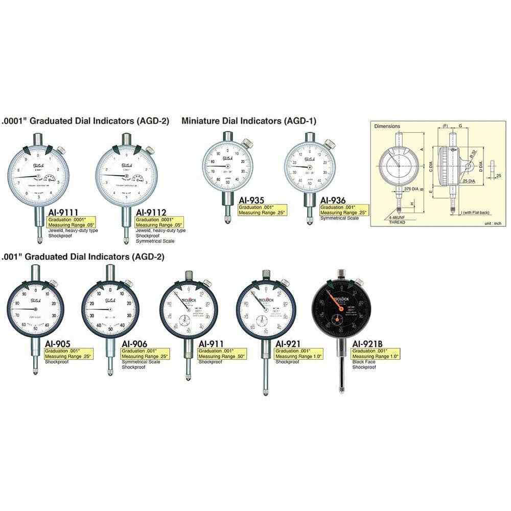 Teclock AI-921B Dial Drop Indicator, 1" Range, 0-100 Reading, 0.001" Grad, 2-...