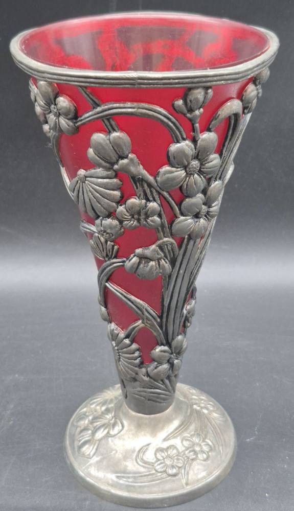 Ruby Red Vase Brass Base Vintage 10" Tall