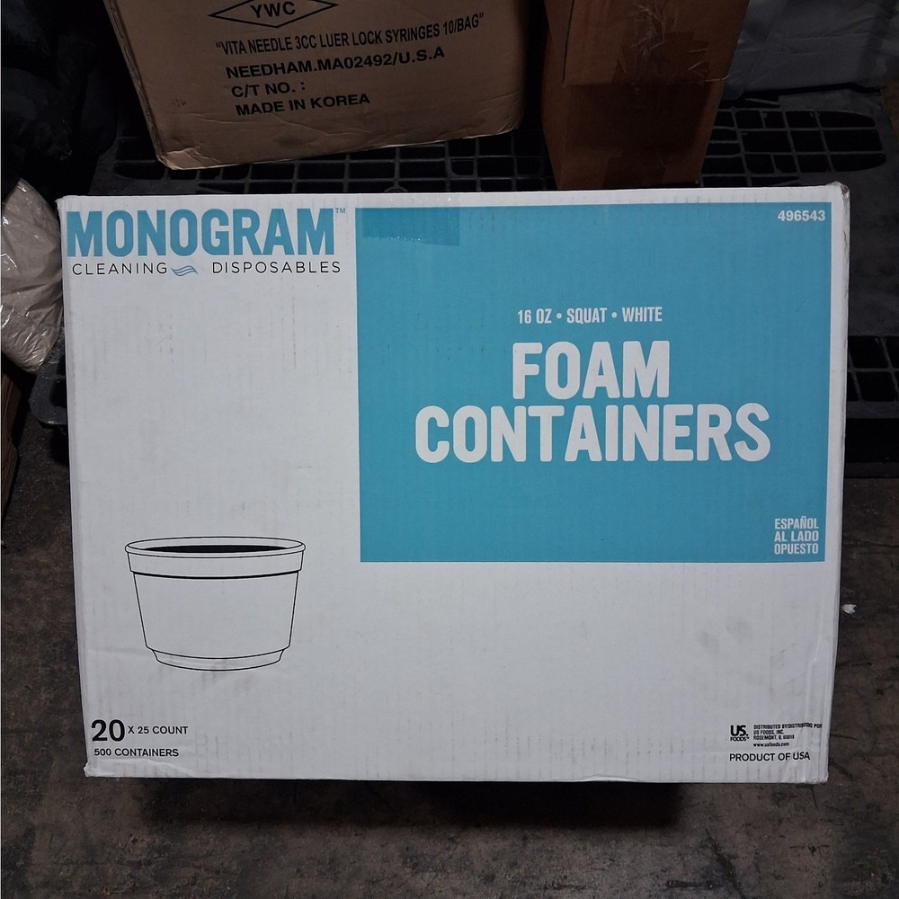 500 Count 16oz Monogram Squat Foam White Containers