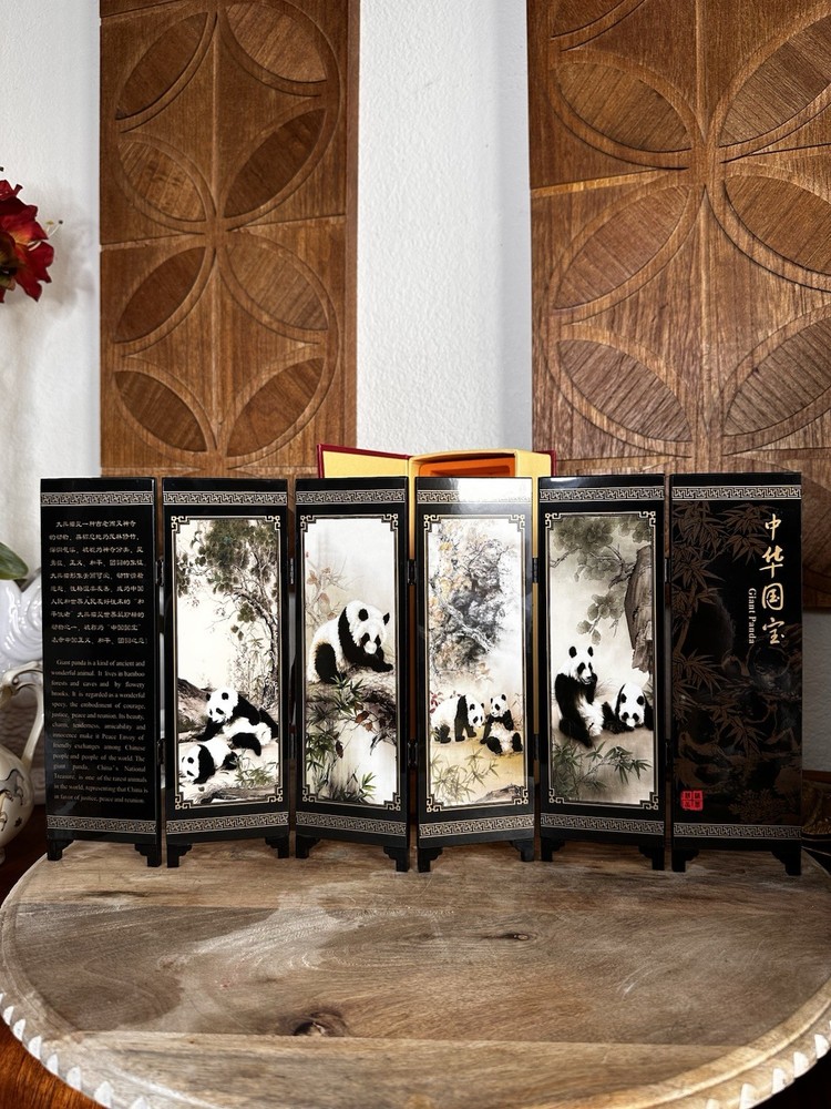 Chinese Panda Mini Folding Screen Black Lacquer Tabletop Art Boxed