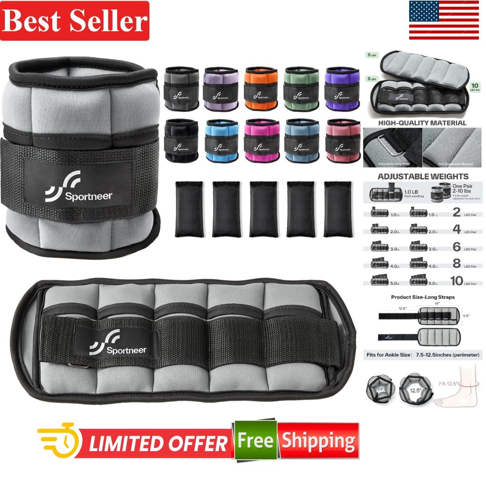 Comfortable Adjustable Ankle Weights 2-10 lbs for Home Workouts & Therapy