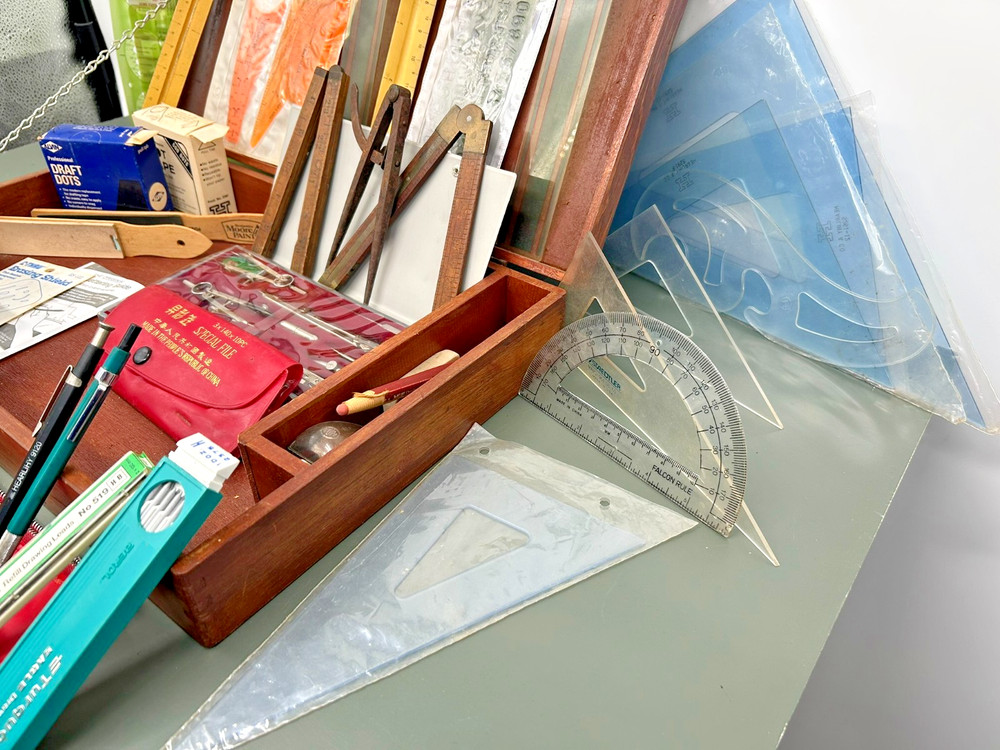 LARGE VINTAGE Tool Lot: Drafting Instruments, Precision Files, Templates & Case